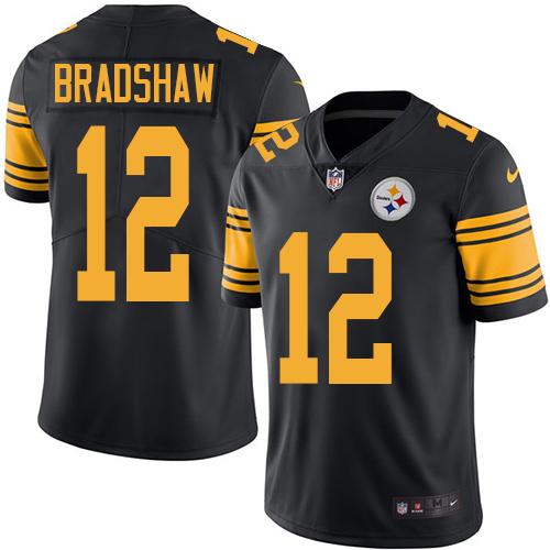 Nike Steelers #12 Terry Bradshaw Black Youth Stitched NFL Limited Rush Jersey - Click Image to Close